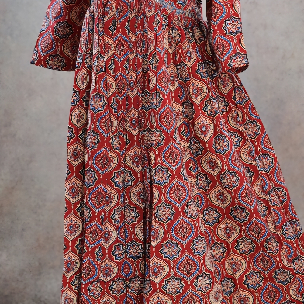 Rust Red Pure Cotton Flary Jaipuri Ethinic Long dress